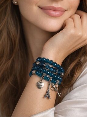 paparazzi Blue Turquoise Beaded Bracelet Set with Eiffel Tower & Key Charms